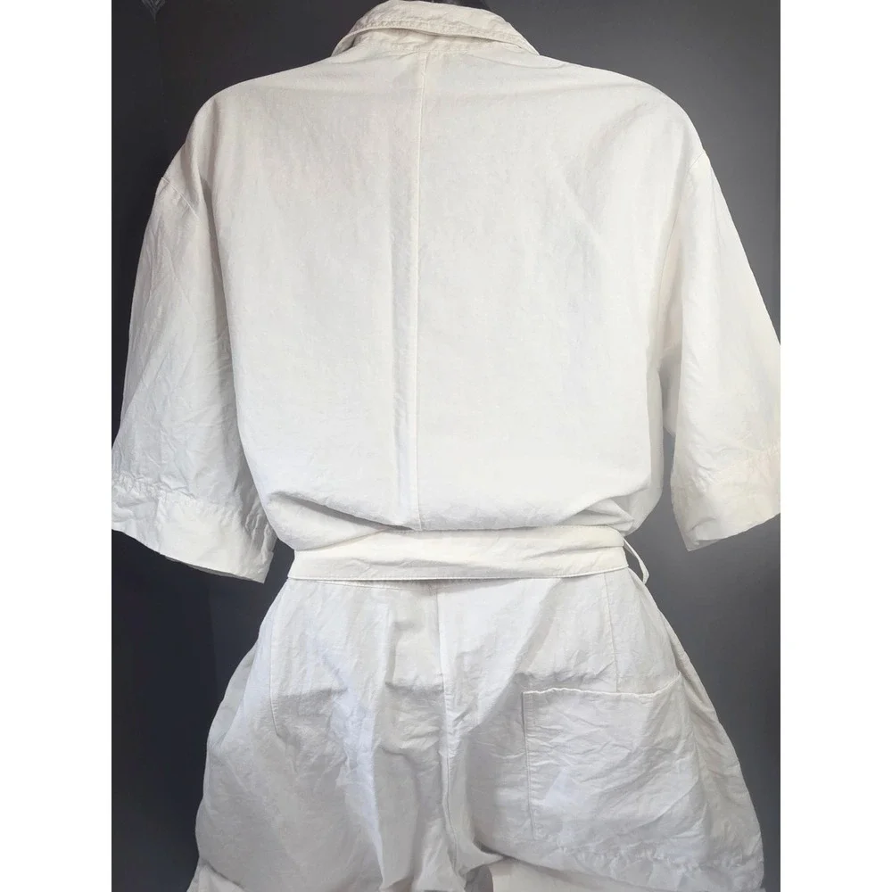 COS Bone Color Linen Short Sleeve Button Front Belted Utility Jumpsuit Size 10